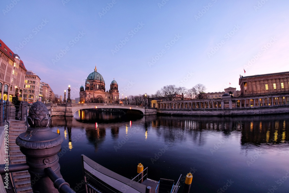 Berlin Cathedral (Berliner Dom) at famous Museumsinsel (Museum Island) with Spree river in beautiful twilight time, Berlin, Germany