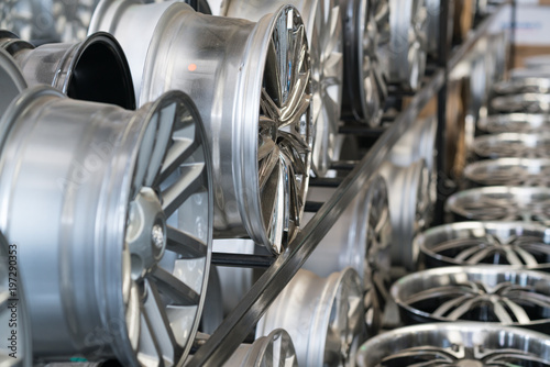 Various alloy wheels in store, selective focus.
Car alloy wheels at a wheel shop.