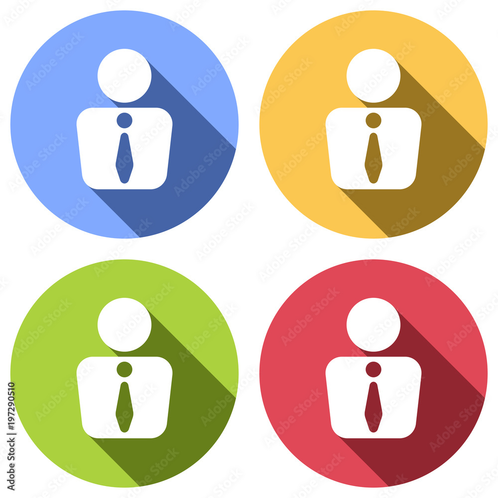 business man icon. Set of white icons with long shadow on blue, orange, green and red colored circles. Sticker style business man icon. Set of white icons with long shadow on blue, orange, green and red colored circles. Sticker style