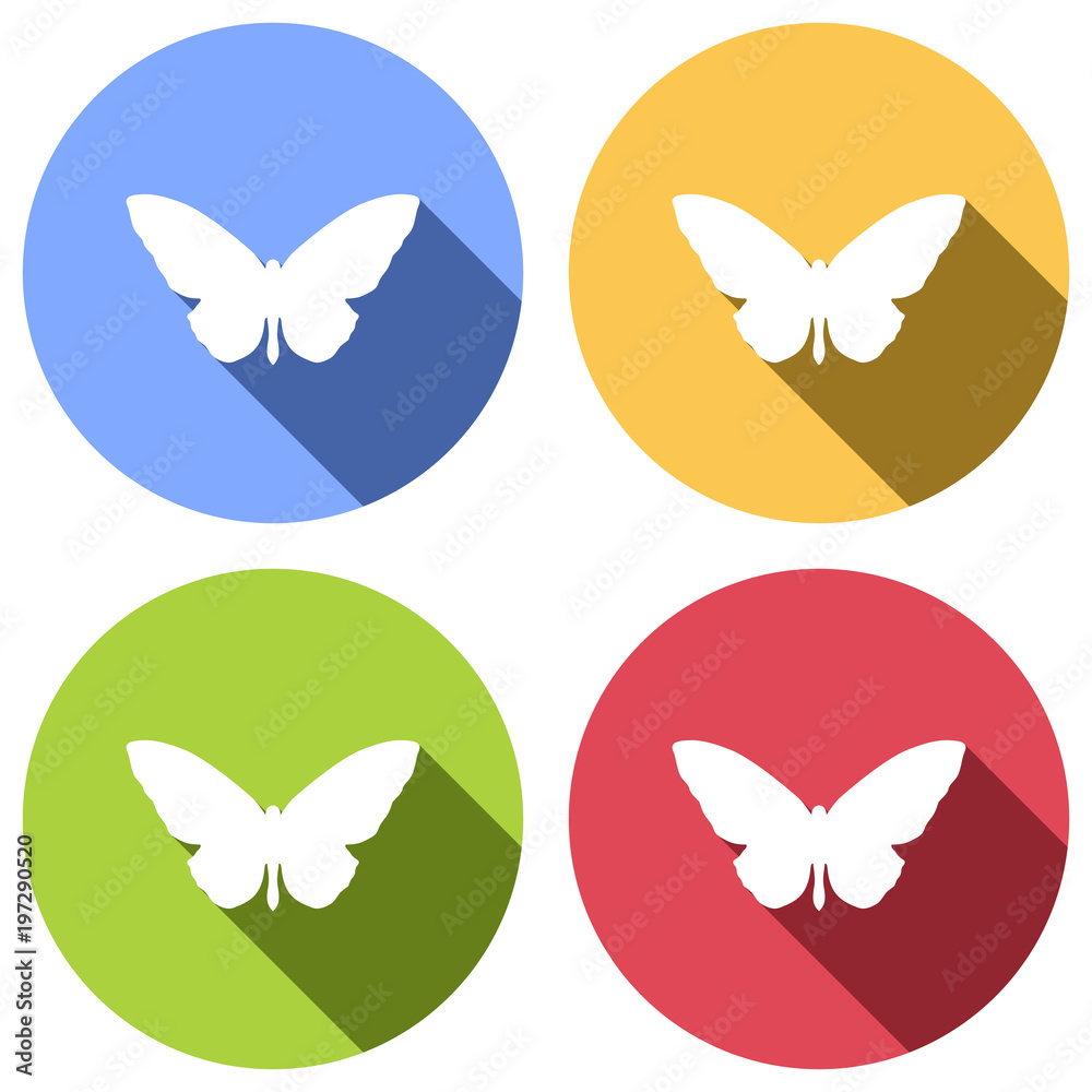 butterfly icon. Set of white icons with long shadow on blue, orange, green and red colored circles. Sticker style butterfly icon. Set of white icons with long shadow on blue, orange, green and red colored circles. Sticker style