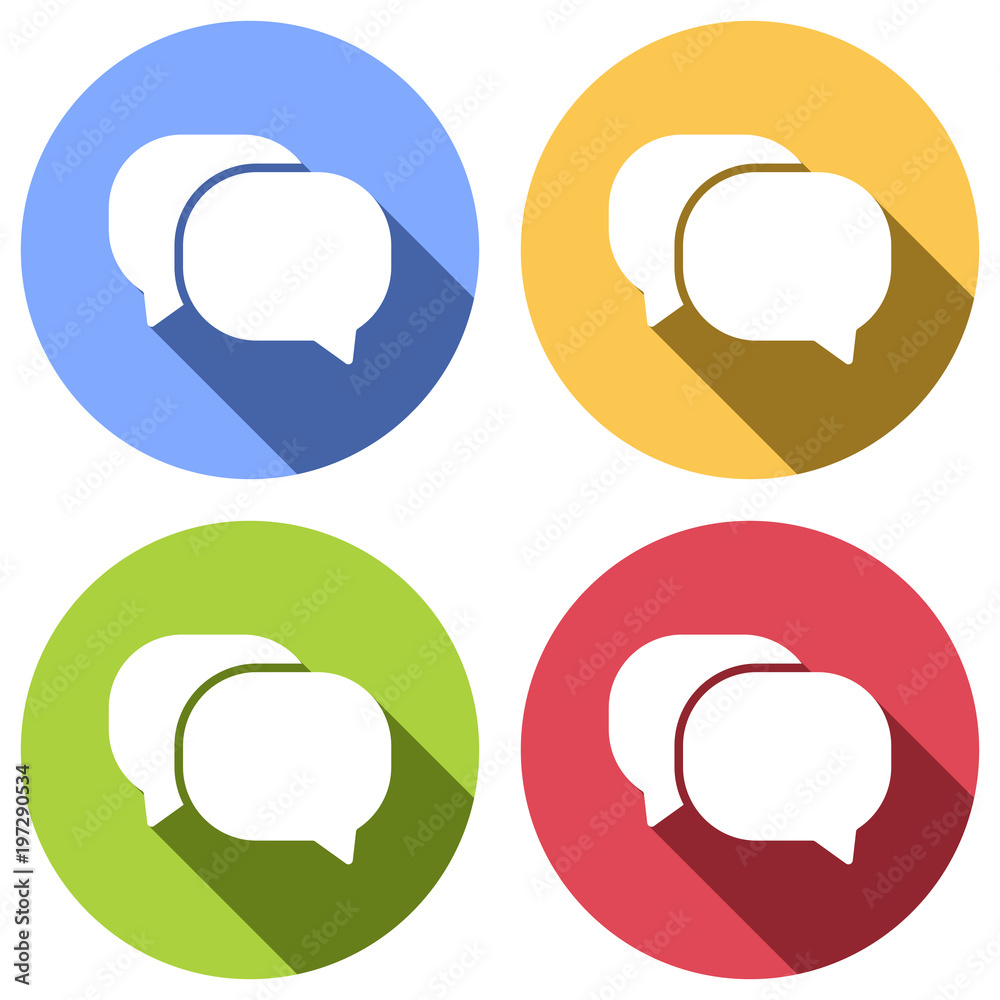 chat icon. Set of white icons with long shadow on blue, orange, green and red colored circles. Sticker style