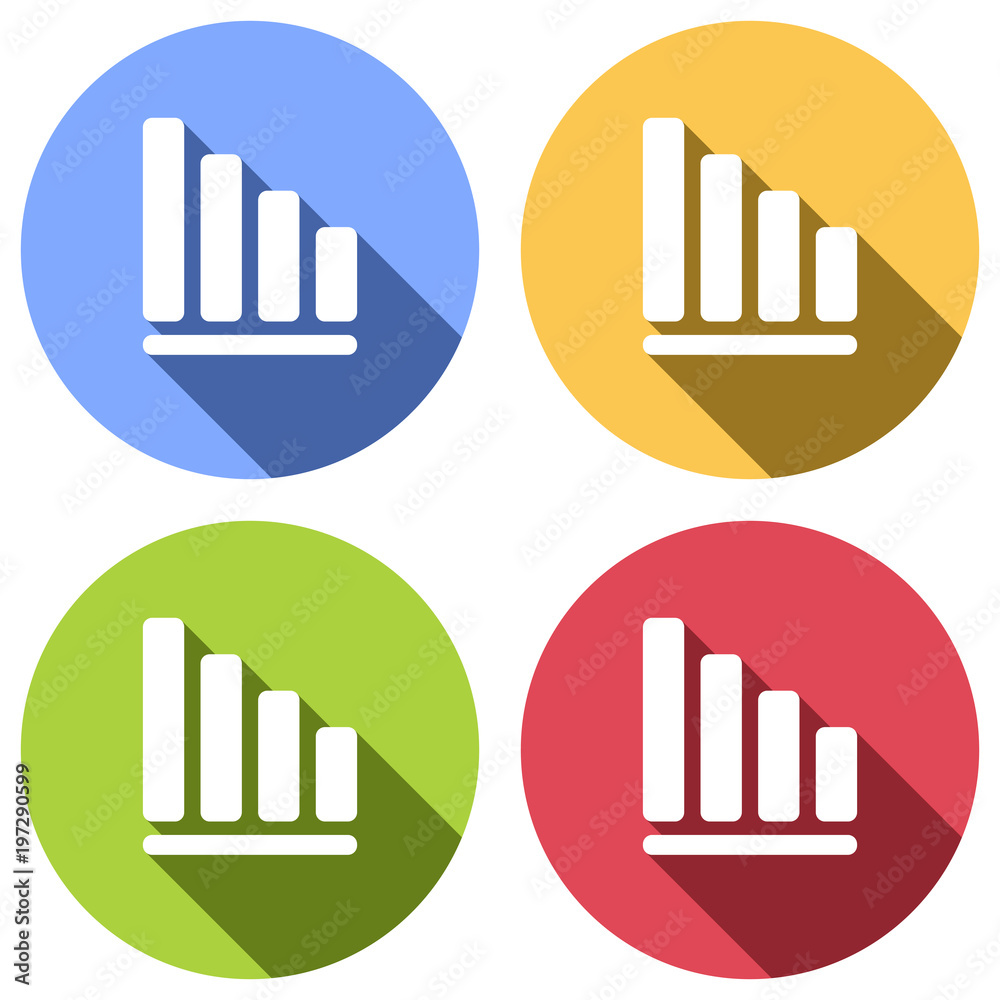 Declining graph line icon. Set of white icons with long shadow on blue, orange, green and red colored circles. Sticker style Declining graph line icon. Set of white icons with long shadow on blue, orange, green and red colored circles. Sticker style