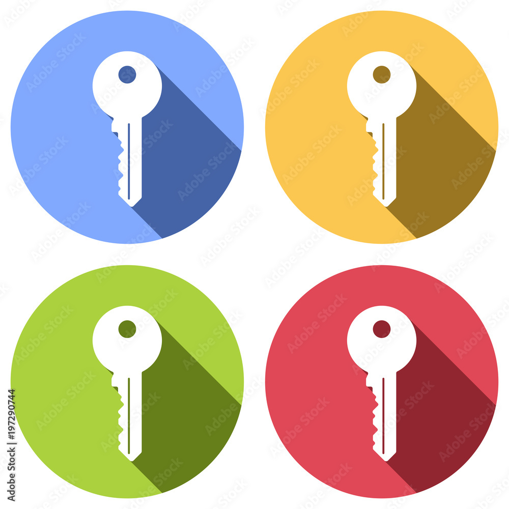 key icon. Set of white icons with long shadow on blue, orange, green and red colored circles. Sticker style key icon. Set of white icons with long shadow on blue, orange, green and red colored circles. Sticker style