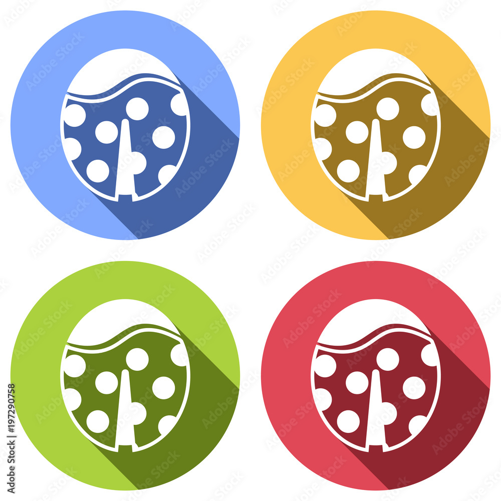 Ladybug icon. Set of white icons with long shadow on blue, orange, green and red colored circles. Sticker style Ladybug icon. Set of white icons with long shadow on blue, orange, green and red colored circles. Sticker style