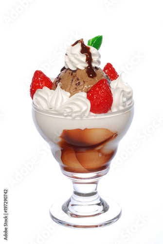 Chocolate ice cream sundae on a white background 