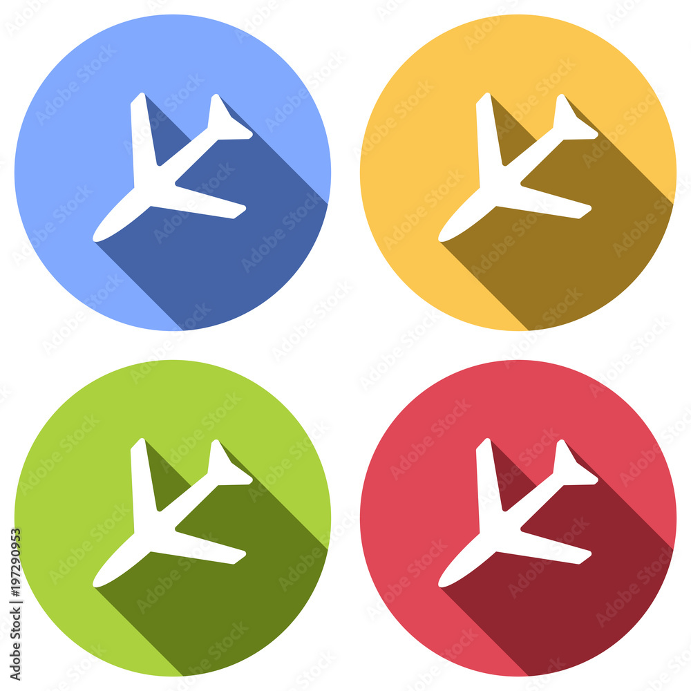 Plane icon. Set of white icons with long shadow on blue, orange, green and red colored circles. Sticker style