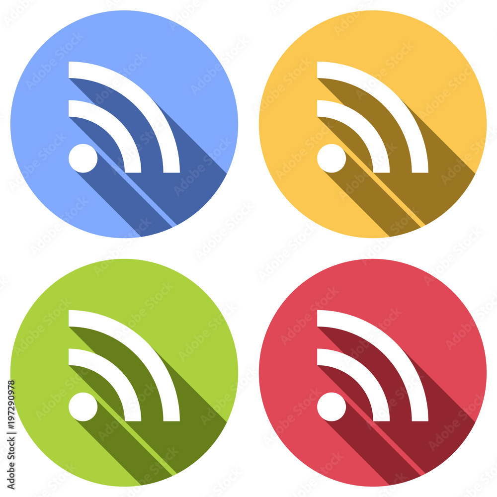 RSS icon. Set of white icons with long shadow on blue, orange, green and red colored circles. Sticker style RSS icon. Set of white icons with long shadow on blue, orange, green and red colored circles. Sticker style