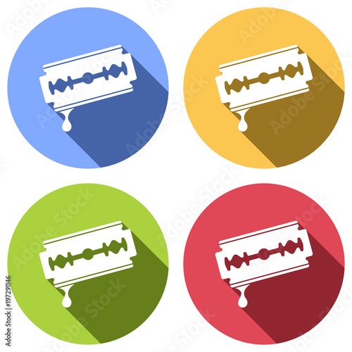 blade with drop of blood. simple silhouette. Set of white icons with long shadow on blue, orange, green and red colored circles. Sticker style