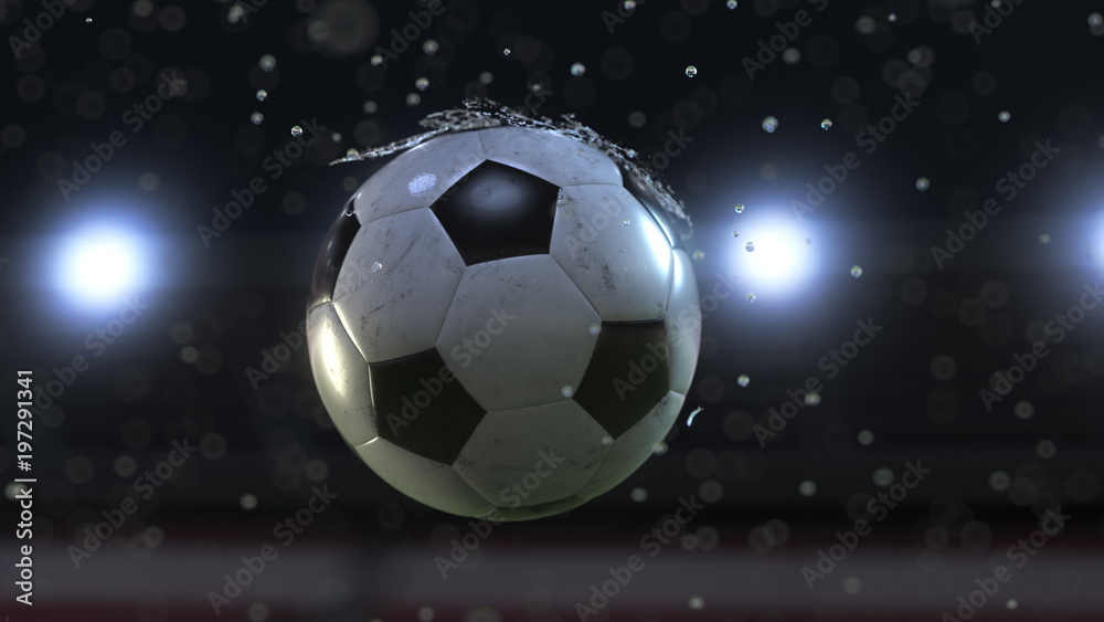 Soccer ball flying through water drops. 3d illustration