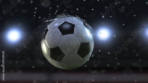 Soccer ball flying through water drops. 3d illustration
