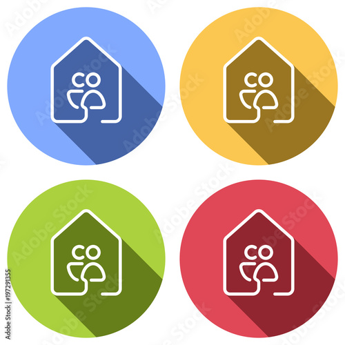 house with family or couple icon. line style. Set of white icons with long shadow on blue, orange, green and red colored circles. Sticker style
