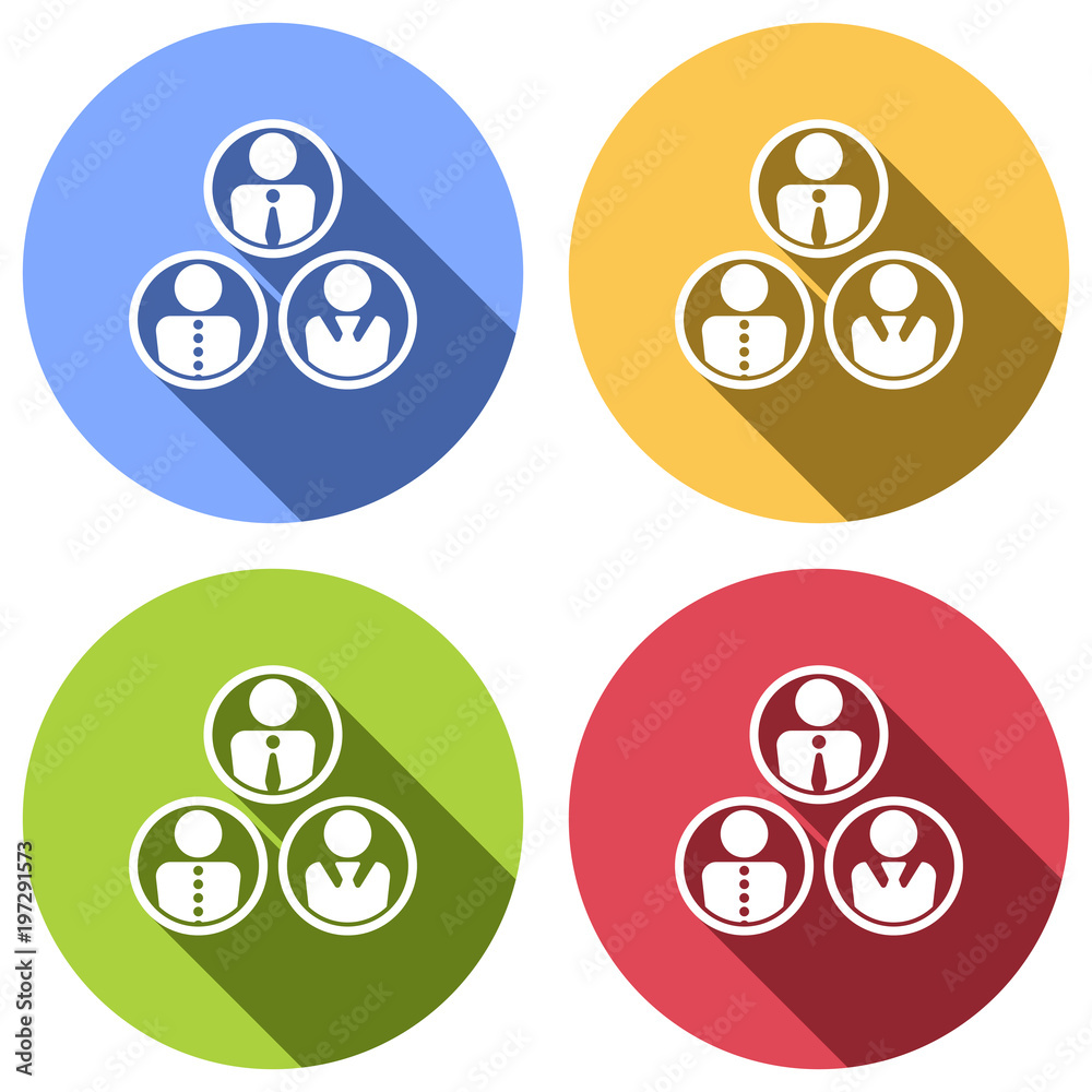 office people, team. Set of white icons with long shadow on blue, orange, green and red colored circles. Sticker style office people, team. Set of white icons with long shadow on blue, orange, green and red colored circles. Sticker style