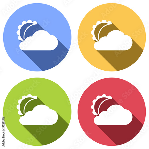 moon and cloud. simple silhouette. Set of white icons with long shadow on blue, orange, green and red colored circles. Sticker style