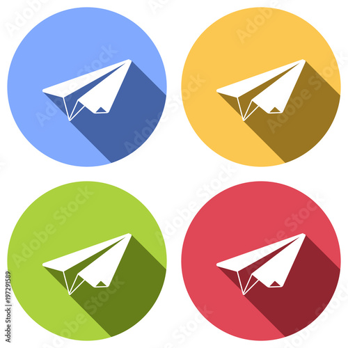 paper plane. origami glider. Set of white icons with long shadow on blue, orange, green and red colored circles. Sticker style