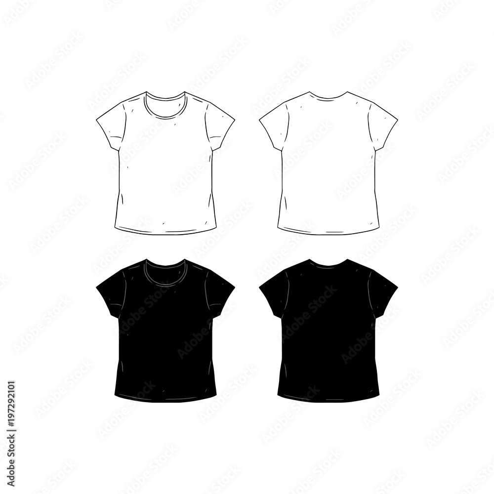 Set of blank T-shirt design template hand drawn vector illustration. Front  and back shirt sides. White and black female t-shirt on white background. Stock  Vector