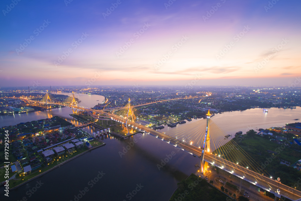 Bangkok skyline the Bhumibol bridge while sunset at dusk.