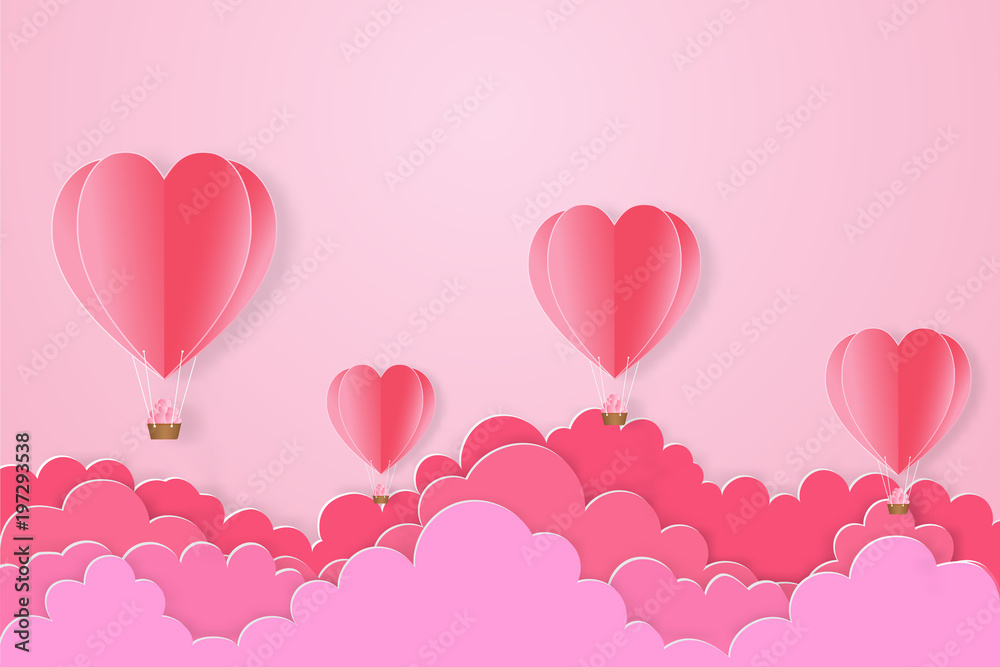 Pink heart balloon on c pink sky as love, happy valentine's day, wedding, paper art and craft style concept. vector illustration.