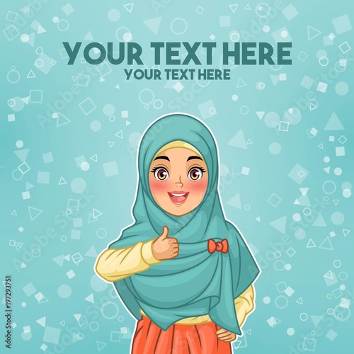 Young muslim woman wearing hijab veil giving a thumbs up gesture of approval and success, cartoon character design, against tosca background, vector illustration.