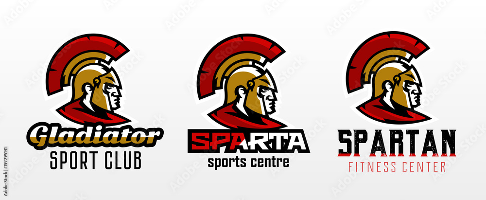 A set of colorful logos, badges, emblems of the Spartan's head and the Corinthian helmet. Greek soldier, warrior, hero, shield, lettering. Identity for sports club, gym, vector illustration