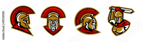 A collection of colorful logos, a Spartan's head, a Corinthian helmet, a warrior waves his sword, the face of a Greek soldier, hoplites. Identity for a sports club, vector illustration
