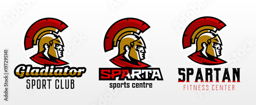 A set of colorful logos, badges, emblems of the Spartan's head and the Corinthian helmet. Greek soldier, warrior, hero, shield, lettering. Identity for sports club, gym, vector illustration