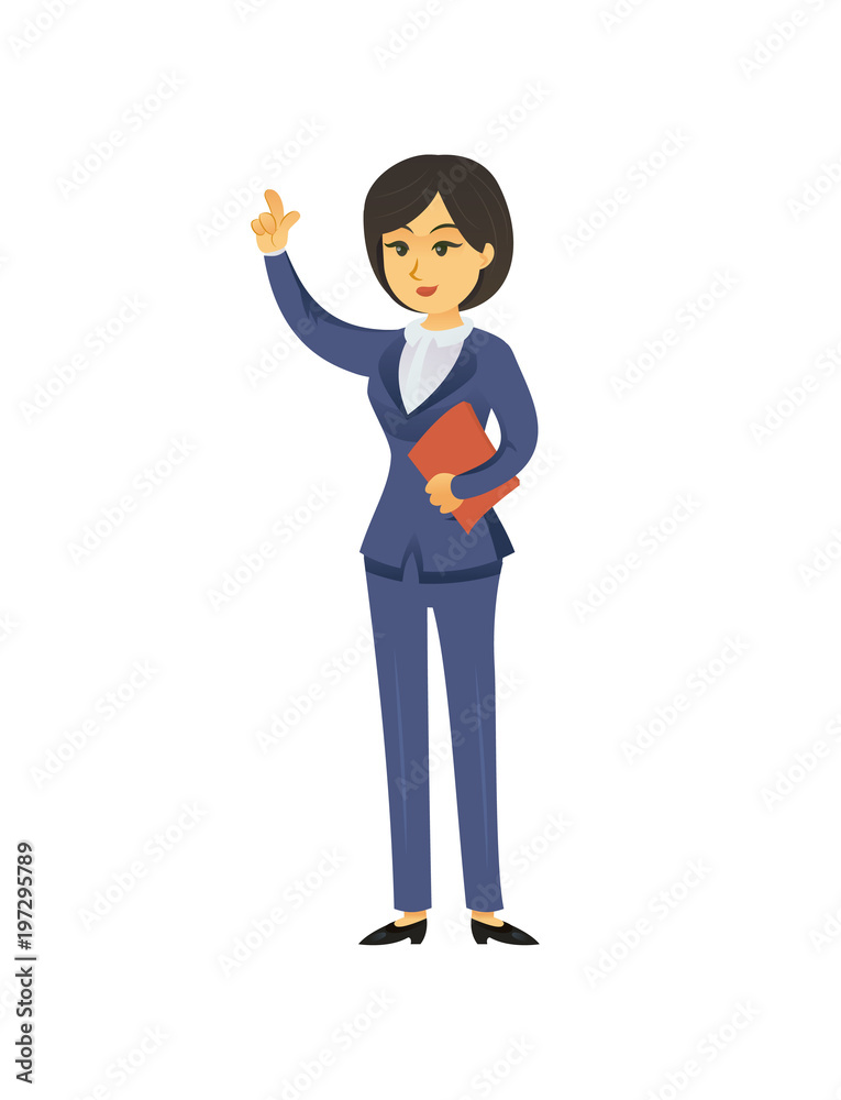 Pretty businesswoman standing with papers and holding hand up isolated on white.