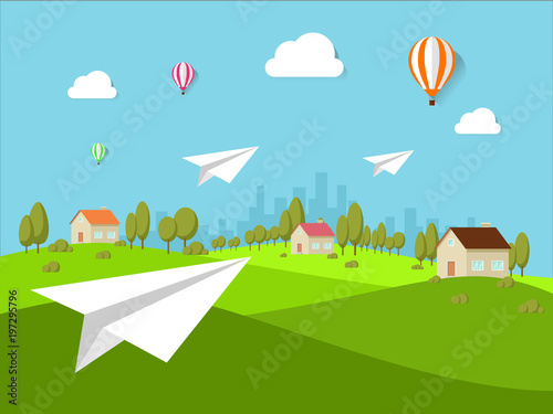 Cute rural landscape tree flat style vector, illustration, isolated