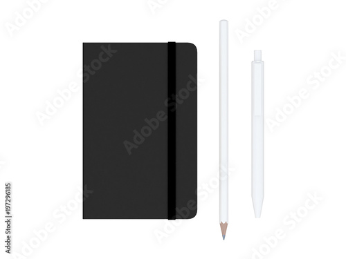 red moleskine with pen and pencil and a black strap front or top view isolated on a white background 3d rendering photo