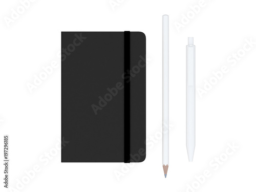 red moleskine with pen and pencil and a black strap front or top view isolated on a white background 3d rendering