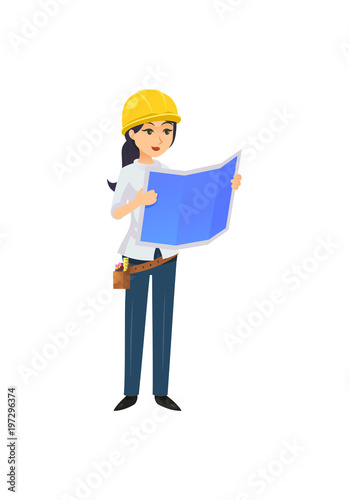 Character of professional woman in hardhat building sites. 