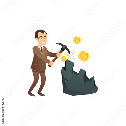 Flat businessman extracting bitcoin from rock mining with pick. 