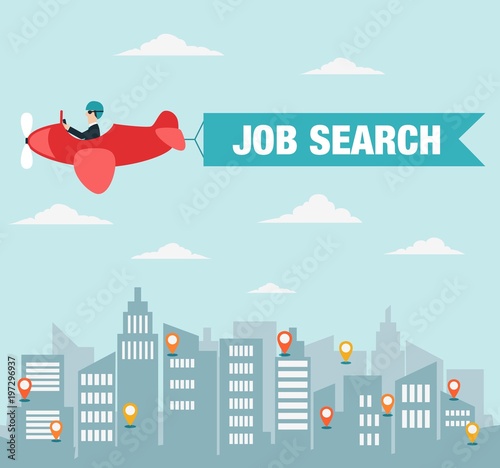 Businessman flying on airplane with banner over the city. Unemployment, jobless and employee job reduction vector concept