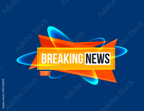 Bright glowing banner on TV channel showing breaking news live. 