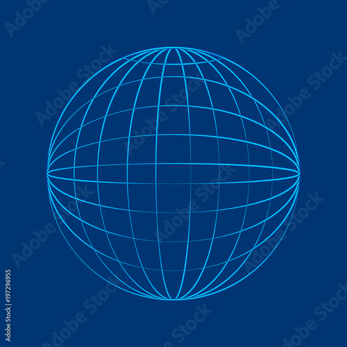 Flat design of blue wireframe of sphere on blue background. 