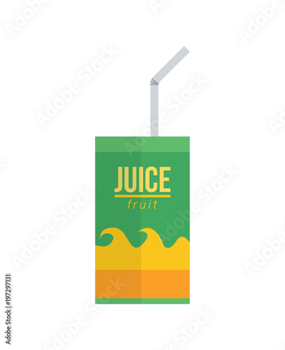 Fruit juice pack with straw on white background.