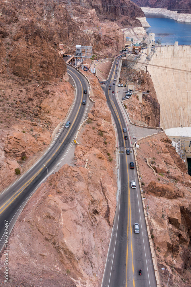 Roadpath from the top of the mountain on the side of the Hoover Dam. Path to the Hoover Dam