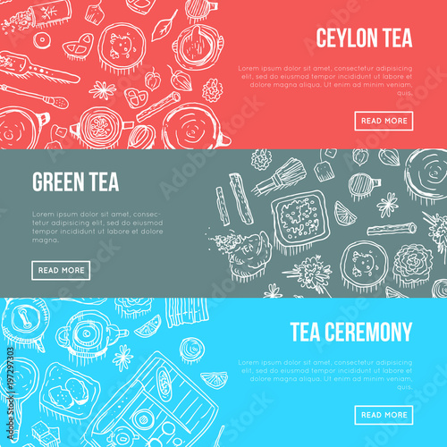 Banner with tea sorts and sweets and utensils pattern on multicolored background.