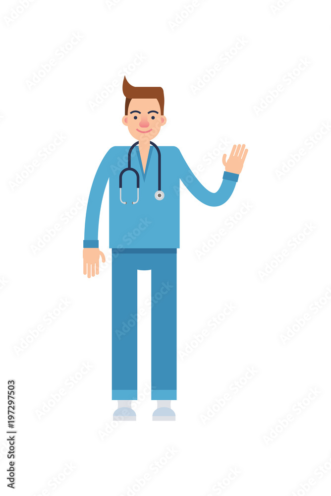 Cheerful male doctor with stethoscope gesturing greeting with hand. Cheerful male doctor with stethoscope gesturing greeting with hand.