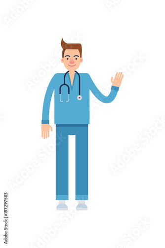 Cheerful male doctor with stethoscope gesturing greeting with hand.