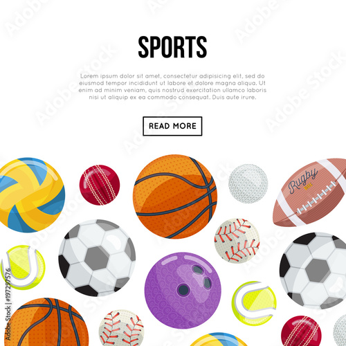 Vector template of white Internet page about Sports with layout fo various game balls. 