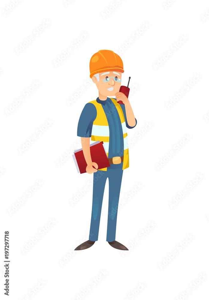 Senior character of man in uniform of builder holding files and talking via radio set. 