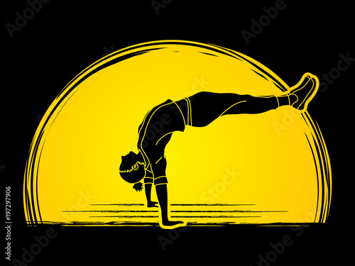 Dancing action, dancer training designed on moonlight background graphic vector.