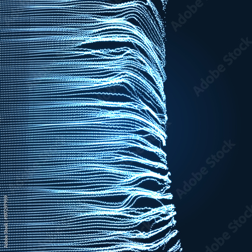 Array with Dynamic Emitted Particles. 3D Technology Style. A Glowing Grid. Abstract Background. Vector Illustration.