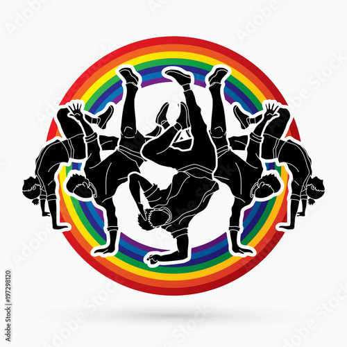 Group of people dancing, Dancing action, dancer training designed on line rainbows background graphic vector.