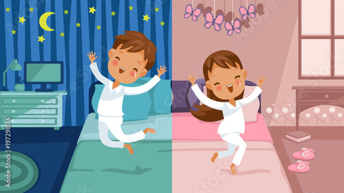 Children bedroom.  boy is going to bed, he jumps on the bed, girl is awake, she jumps on the bed. Two different cartoon images, daily routine concept. Vector illustration separated blue and pink room.