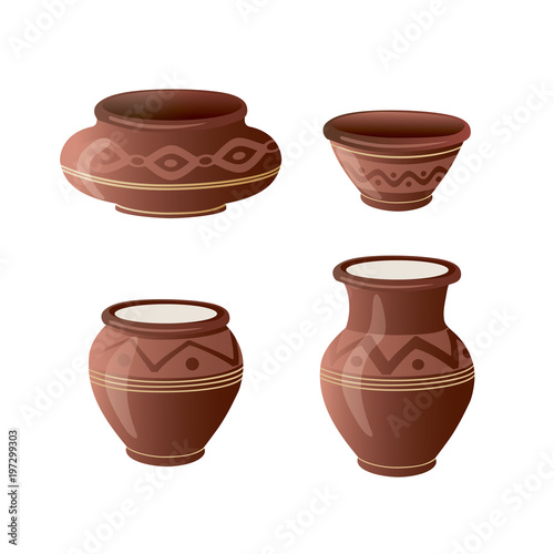 Realistic Clay Pot Set. Vector illustration.