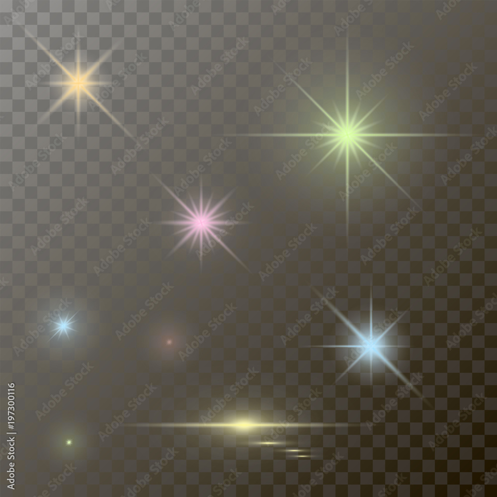 Sunlight with lens flare effect, shining star on transparent background, light effect