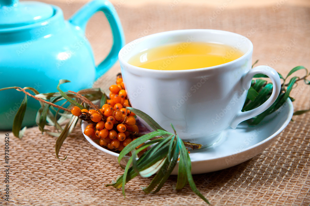 Sea buckthorn tea with a on white background Sea buckthorn tea with a on white background