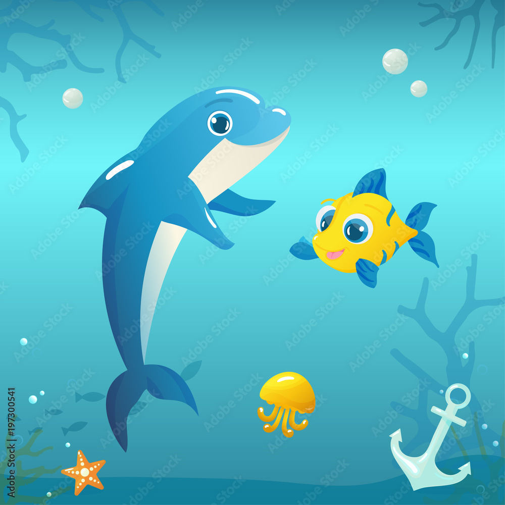 Obraz premium Illustration of Dolphin with Fish and Jellyfish on Underwater Background