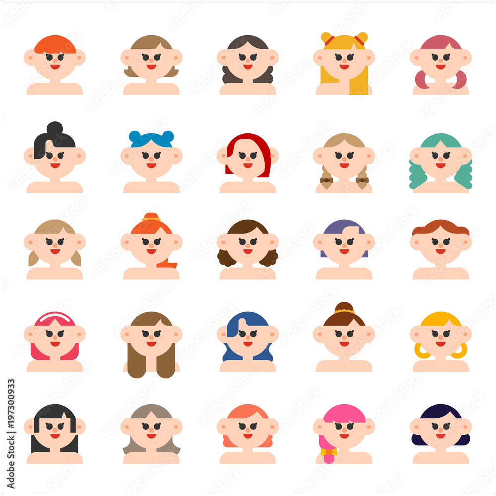various hair style girl characters. vector flat design illustration set various hair style girl characters. vector flat design illustration set